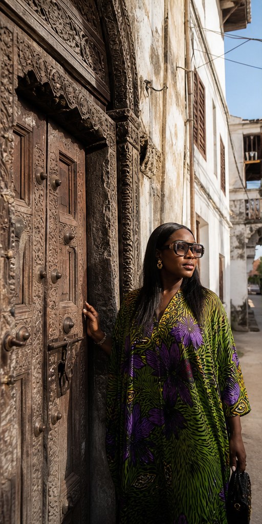 A Nigerian traveller beside a carved door in Stone Town